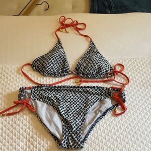 Helen Jon Navy and White Lattice Bikini with Coral Straps Size Small